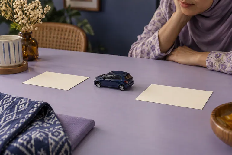 Dua kad kosong dan kereta model biru di meja lavender