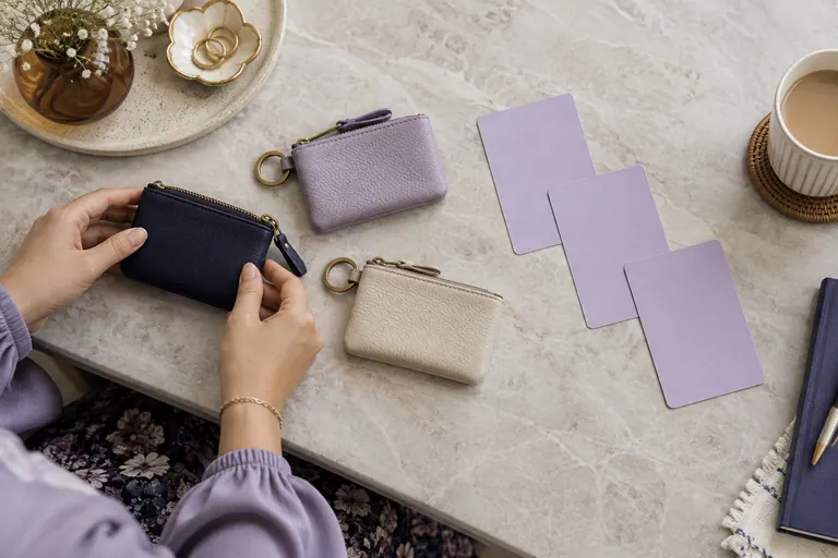Kad lavender kosong dan kantung berasingan di meja dengan tangan pelanggan