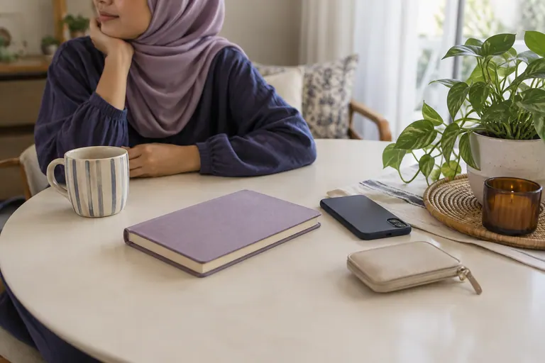 Buku lavender tertutup, telefon menghadap bawah dan kantung di meja