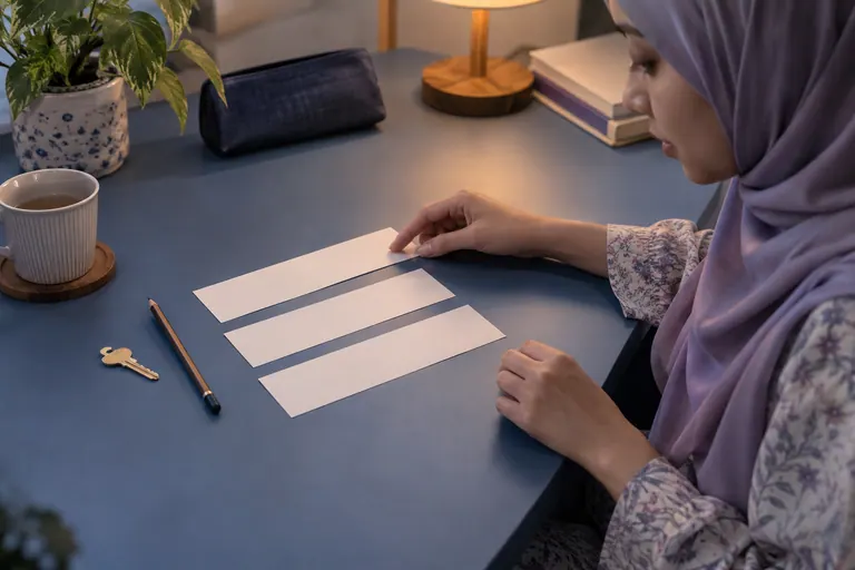 Tiga jalur kertas kosong dengan kunci dan pensel di meja biru