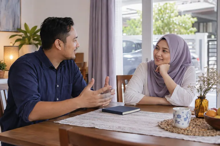 Dua pelanggan berbincang di meja rumah dengan buku tertutup